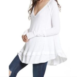 Free People Laguna Tee Thermal Long Sleeves Thumbholes High Low Hem White Sm EUC